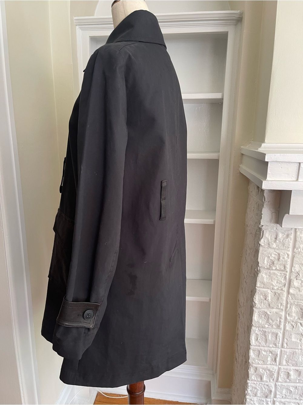 Theory Black Trench Coat P Petite Cotton Leather Trim Minimalist Designer Coat - Picture 11 of 11